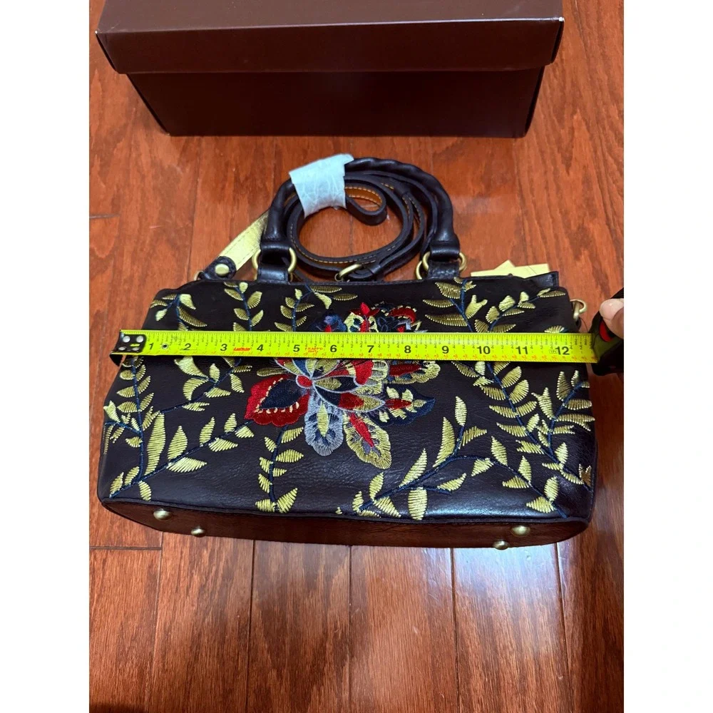 Patricia Nash Embroidered Leather Satchel Floral Handbag Brown with Scarf Box - Picture 2 of 5